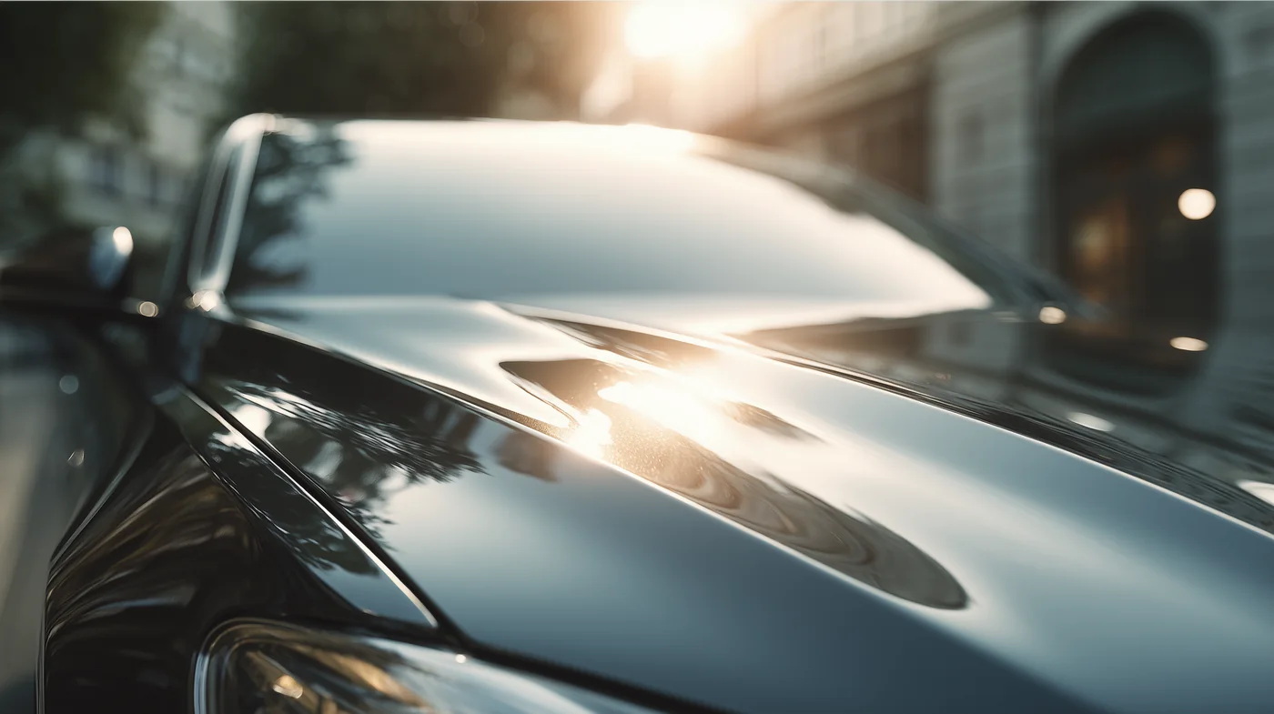 Nahaufnahme einer spiegelnden Motorhaube im Tageslicht